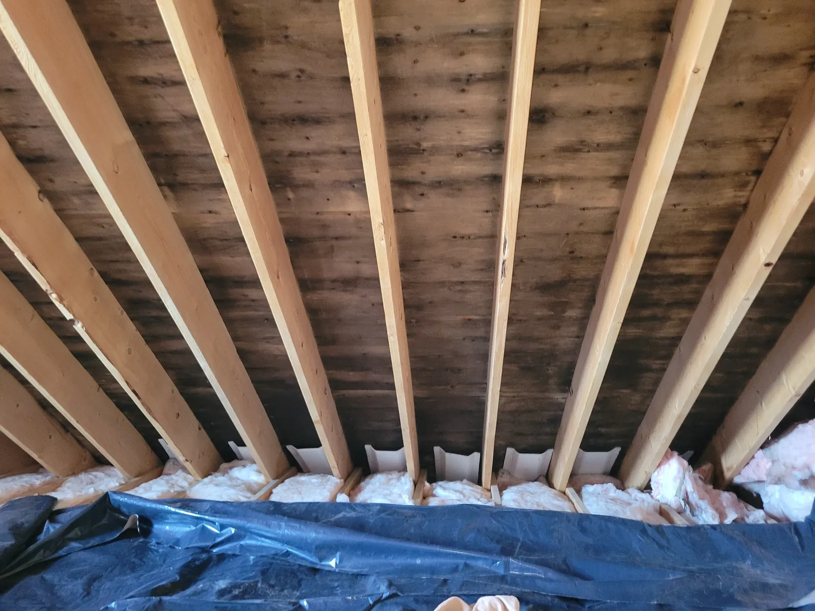 Attic insulation and roof framing during restoration.