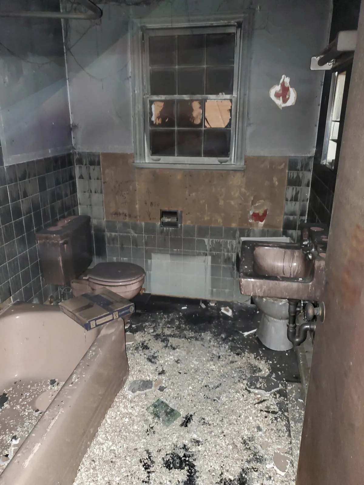 Bathroom demolition during restoration work.