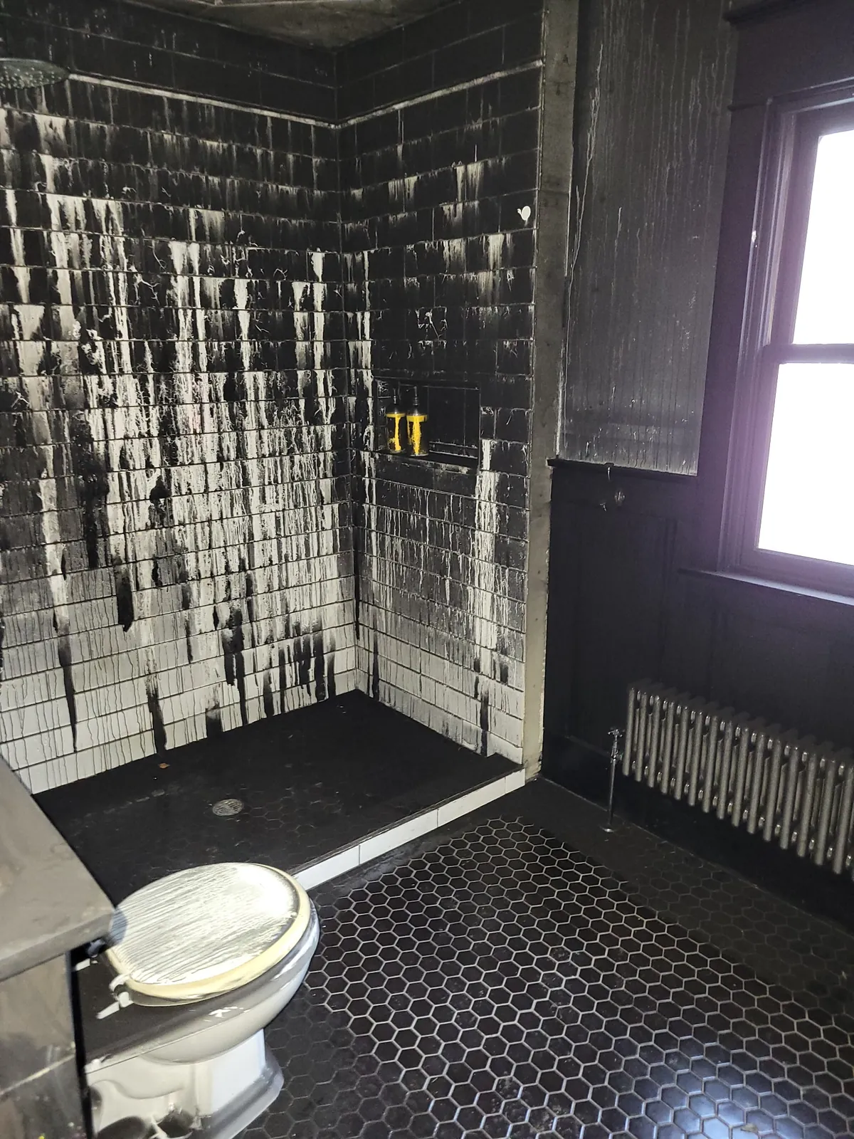 Bathroom surface damage during a restoration project.