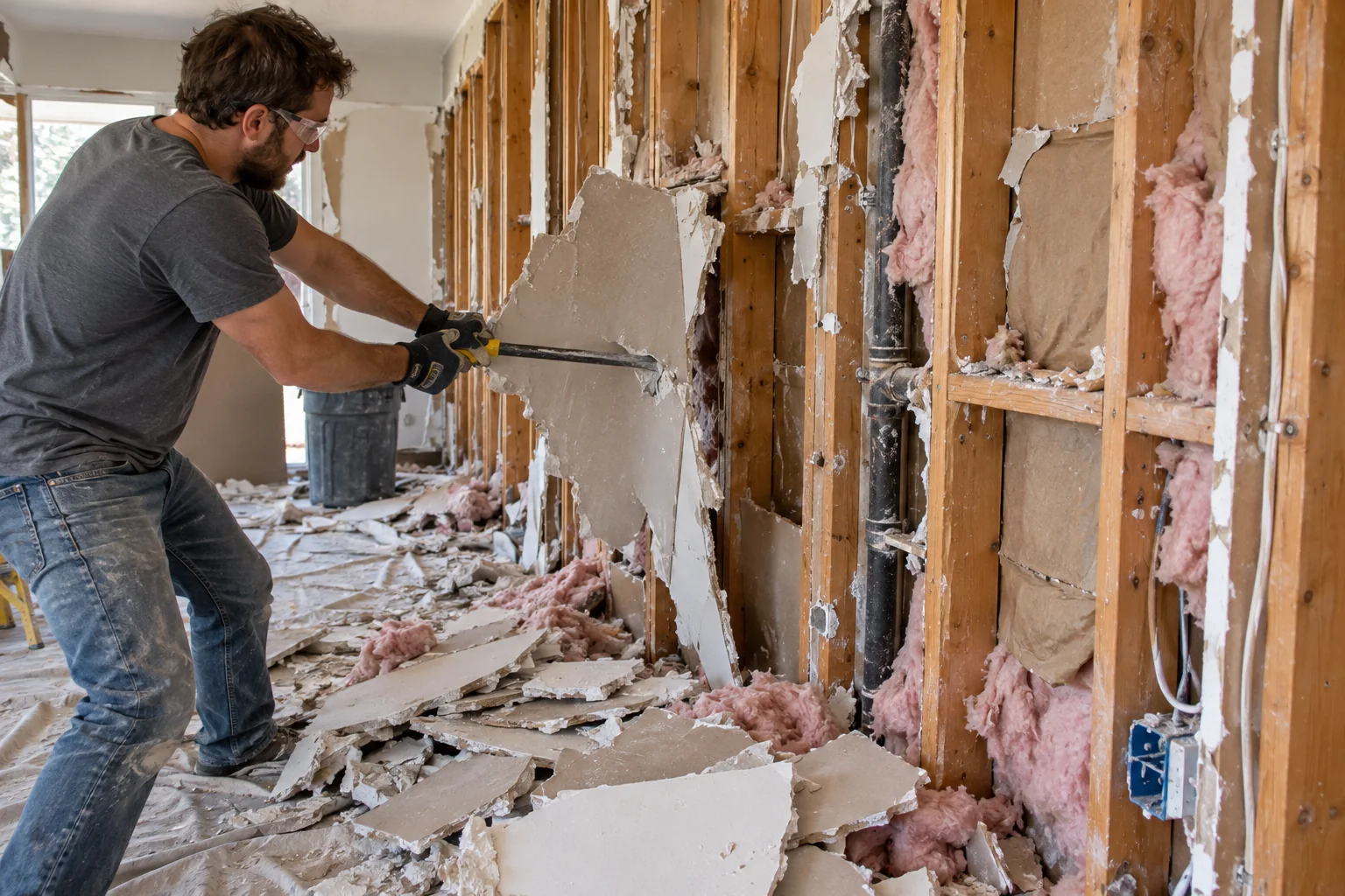 Worker carrying out selective drywall demolition with exposed framing and debris