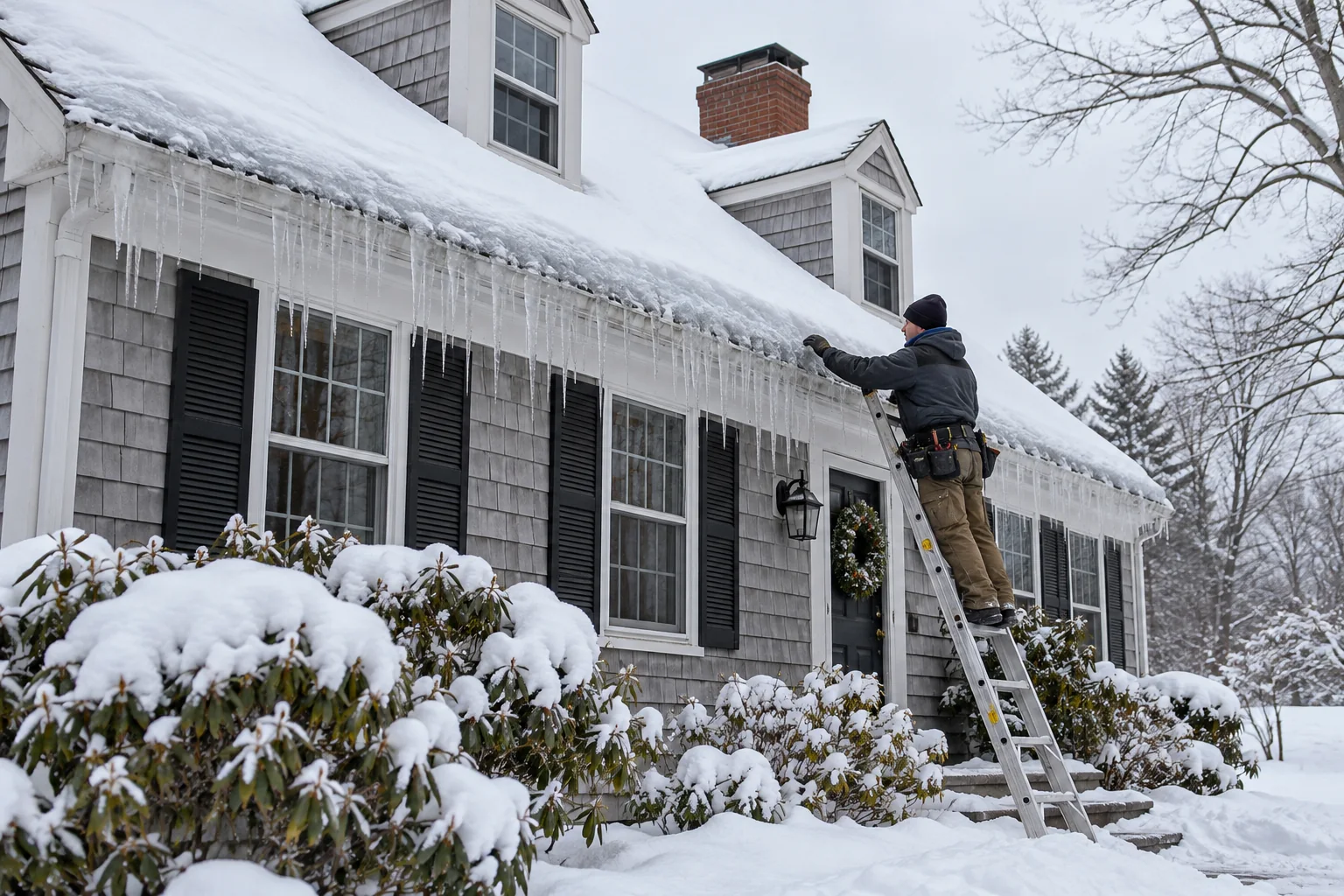 Technician inspecting an ice dam at a snowy Cape Cod home