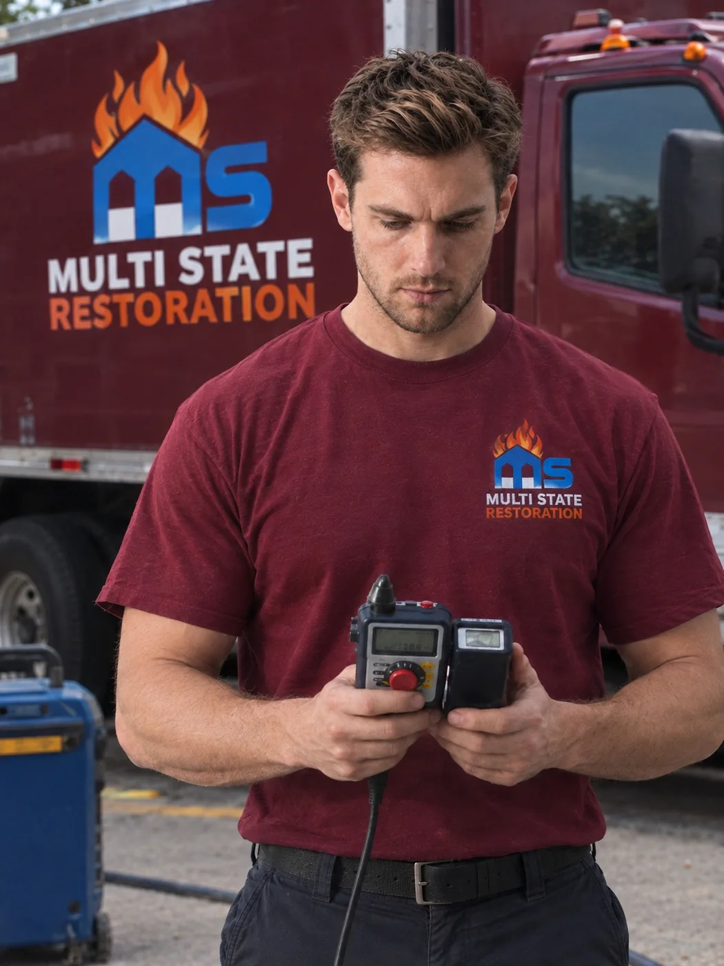 Multi-State Restoration team member beside a company vehicle
